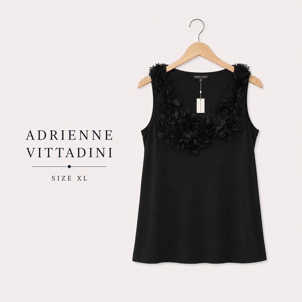 Adrienne Vittadini XL Black Floral Ruffle Neck Sleeveless Tencel Blouse NWT